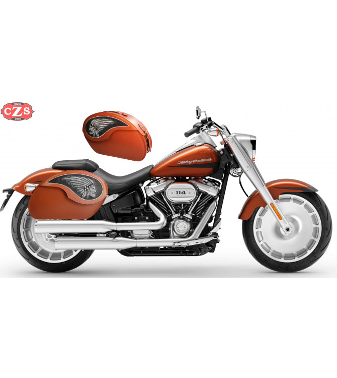 Alforjas Rígidas para Fat Boy - Softail - Harley Davidson - mod, VENDETTA - Jefe Indio - Marrón Cuero - Específica
