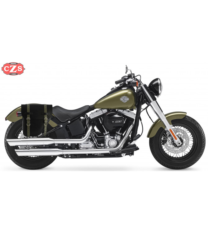 Alforja para Softail Slim Harley Davidson mod, CENTURION Negra Correas Verdes - Adaptable - DERECHA