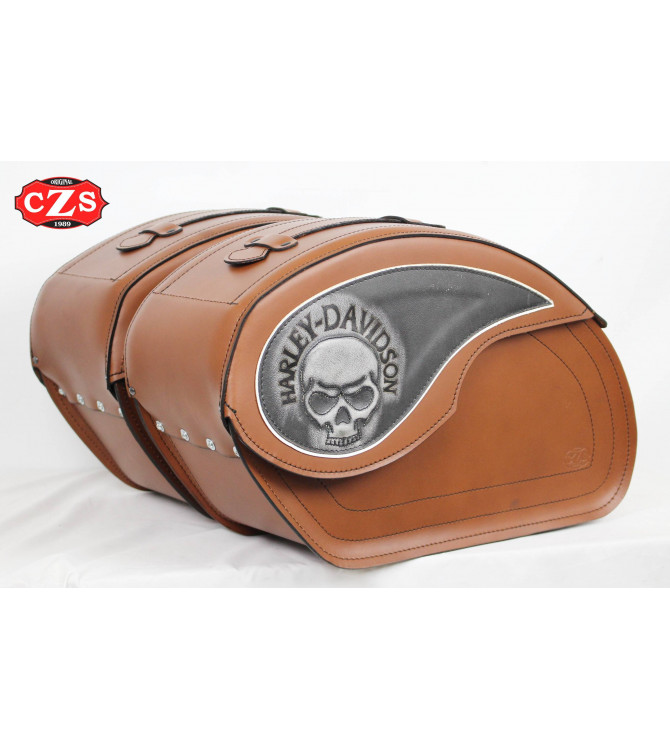 Alforjas Rígidas personalizadas mod, VENDETTA  Harley Davidson Skull - Universales - Marrón Cuero