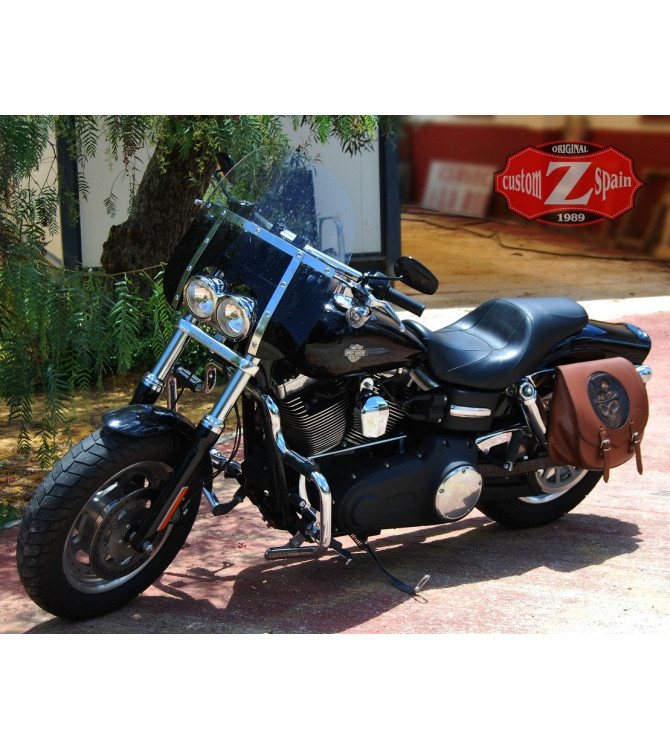 Alforja Lateral para Sportsters Harley Davidson mod, SPARTA Hat-Skull Marron cuero
