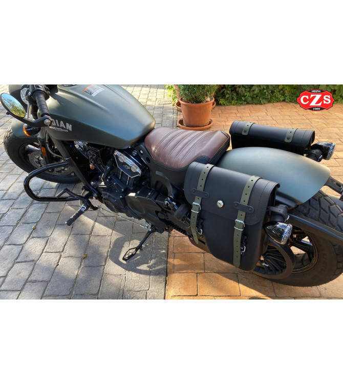 CENTURION Satteltasche für Indian Scout Bobber – schwarz-grüne Riemen