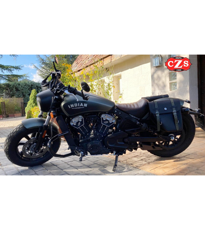 CENTURION Satteltasche für Indian Scout Bobber – schwarz-grüne Riemen