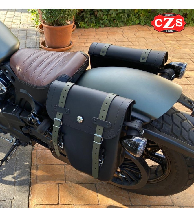 Alforja CENTURION para Indian Scout Bobber - Negro Correas Verdes