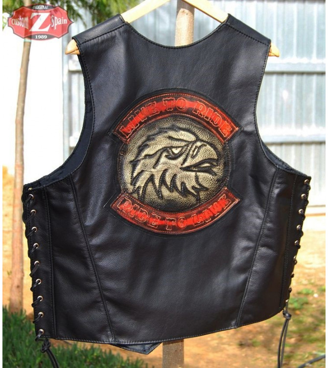 Gilet peau "Custom". Avec le patch personnalisé. Vivez pour monter Tête d'Aigle