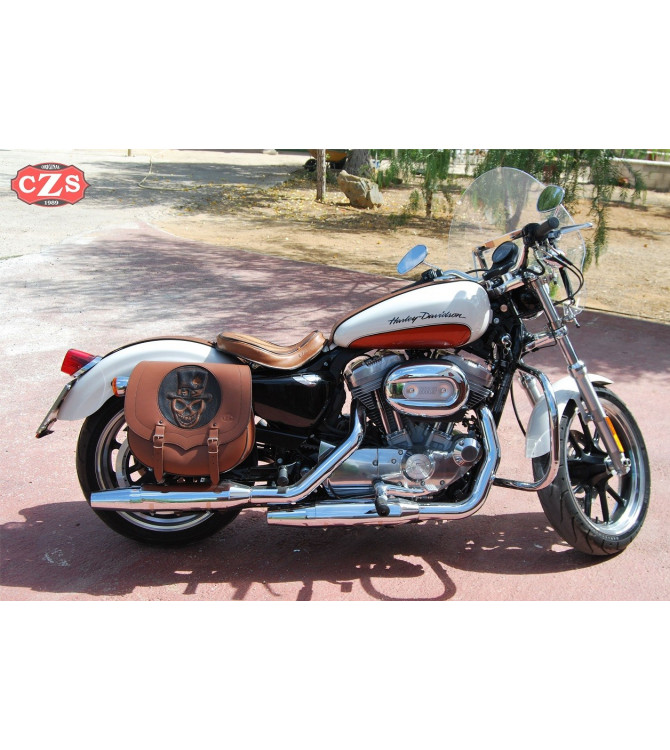 Saddlebag for Sportster Harley Davidson mod, SPARTA - Skull Hat - Light Brown - Hollow shock absorber - RIGHT